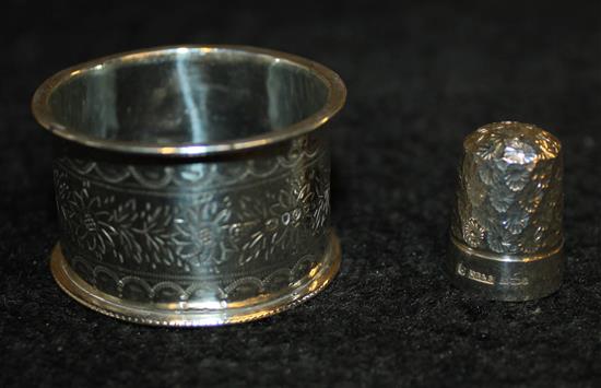 Silver thimble and napkin ring